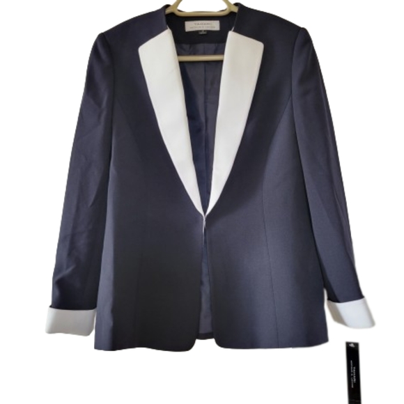 Tahari Tuxedo Style Blazer Navy Blue and White - Picture 1 of 12